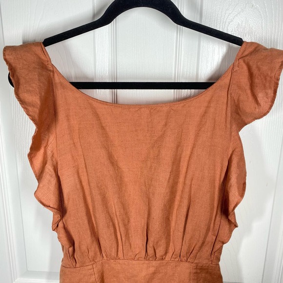 Free People Erin Tie Back Ruffle Sleeve Dress Linen Blend Bronze Orange Sz Small - Picture 7 of 9